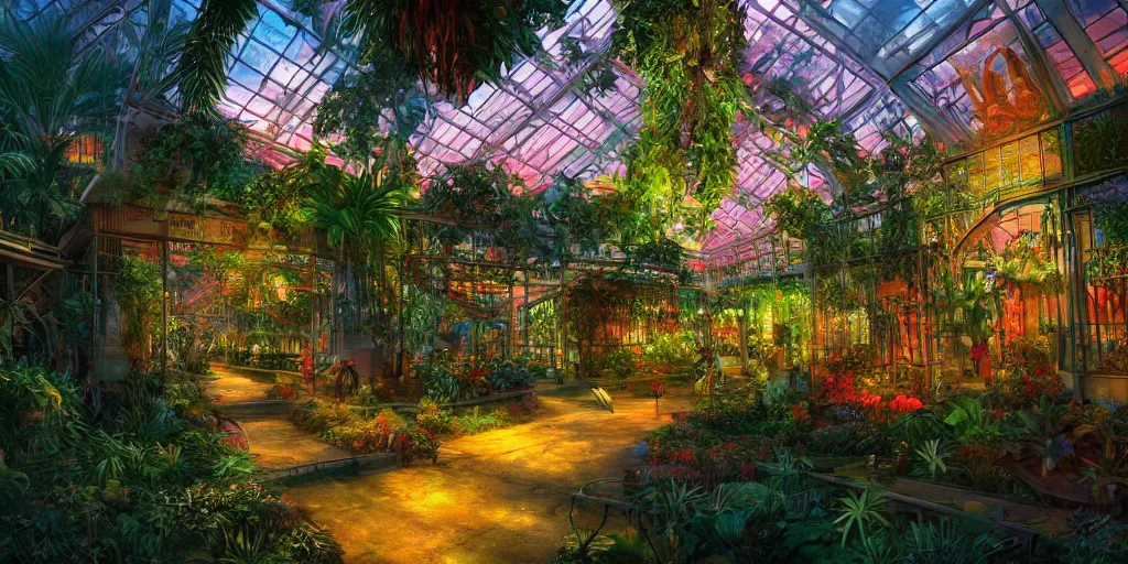 Image similar to tropical greenhouse garden, neon lights, mythology, fairy tale, urban landscape, evening, highly detailed, low angle view, artstation, in the style of aetherpunk