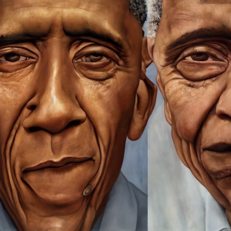 Prompt: hyperrealistic close up studio portrait of aging old Barack Obama age 85 wrinkled weeping, oil painting by Ivan Albright and Lucian Freud and Ron Mueck, trending on artstation Studio lighting hyperrealism