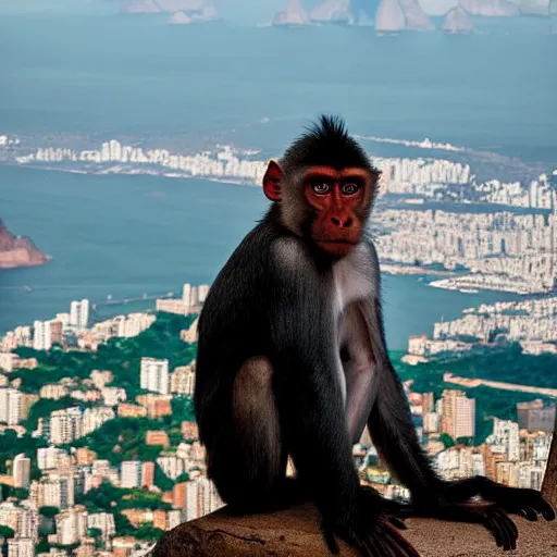 Image similar to high quality portrait of a monkey in front of Christ The Redeemer, studio photograph, photograph, realistic photo, 8k photo, 4k photo, stock photo, high resolution, cinematic shot, high detail