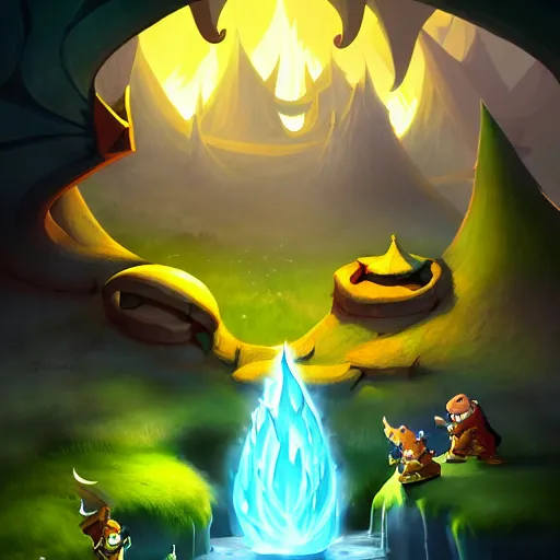 Image similar to a beautiful artwork from dofus, ultra-detailed cave with super powers and magical spells, fireballs, shrek, dragons, demons, devil causes evil and the heaven on top, finely detailed, small details, extra detail, trending on artstation, high resolution, 3D