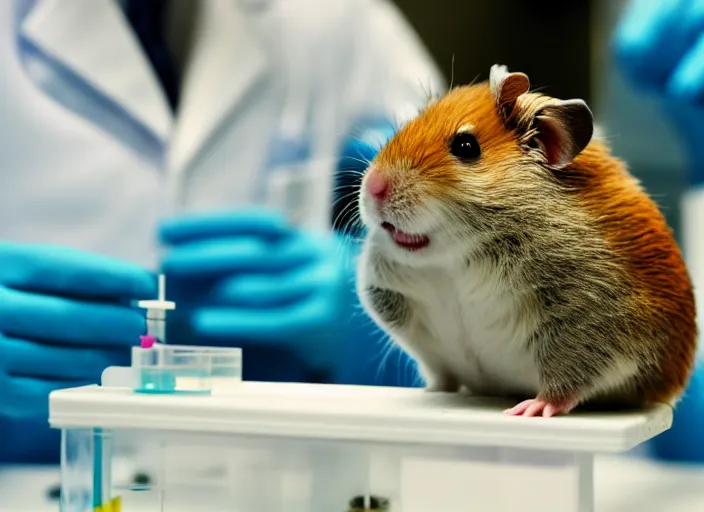 Image similar to film still of a hamster working in a research lab finding the cure for cancer, 8 k