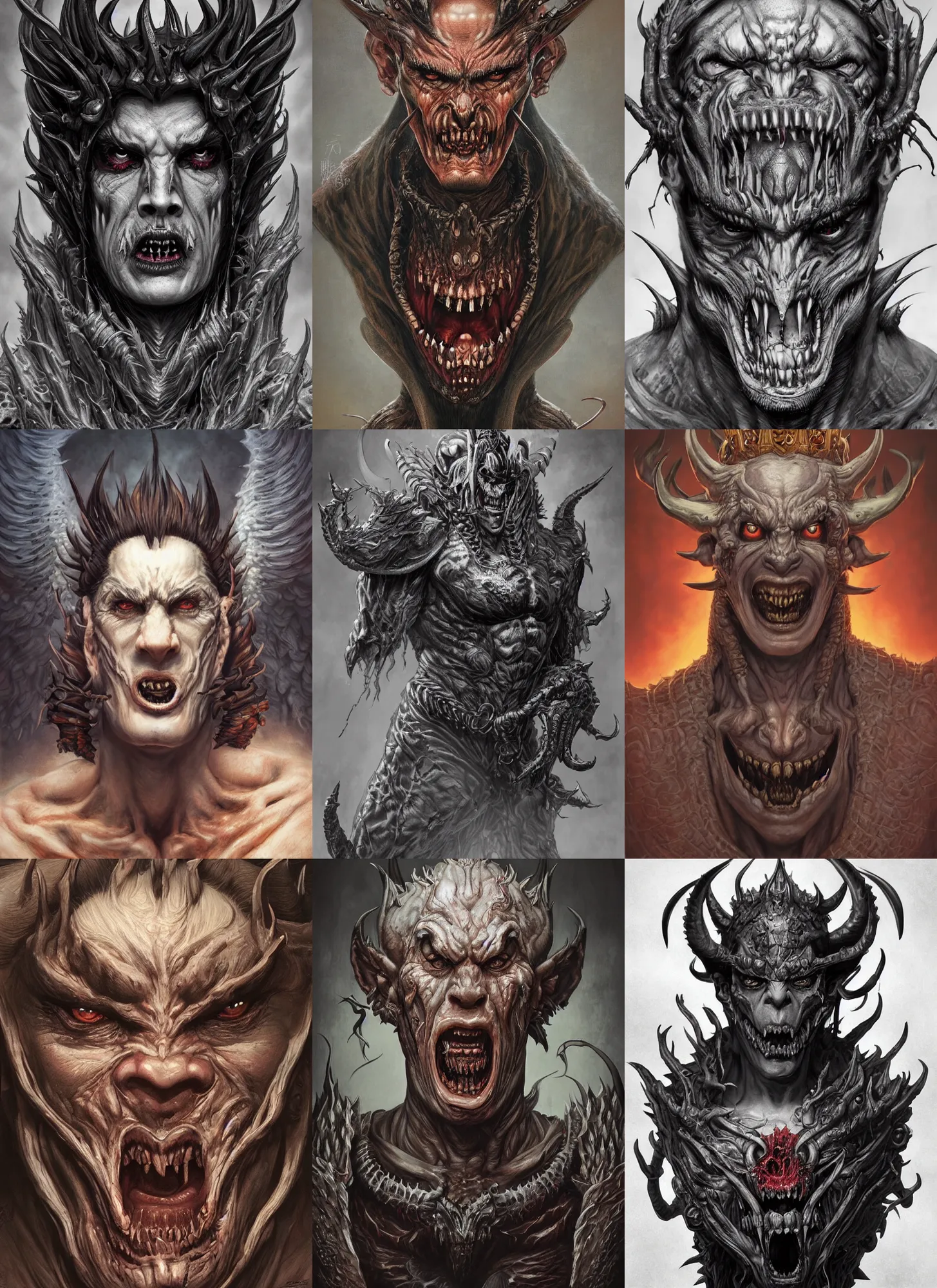 Prompt: a hyper detailed full face portrait of a handsome male as the king of hellhounds, horror, sideshow figurines, diablo 4 lilith, by yusuke murata, by hiroya oku, by dorian cleavenger, by tom bagshaw, by zdzisław beksinski, trending on artstation