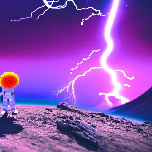 Image similar to astronaut finding a flower on an alien planet with mountains, water, strange clouds, hyper realistic, dramatic lightning, ray tracing, high resolution photo, cinematic 8 k