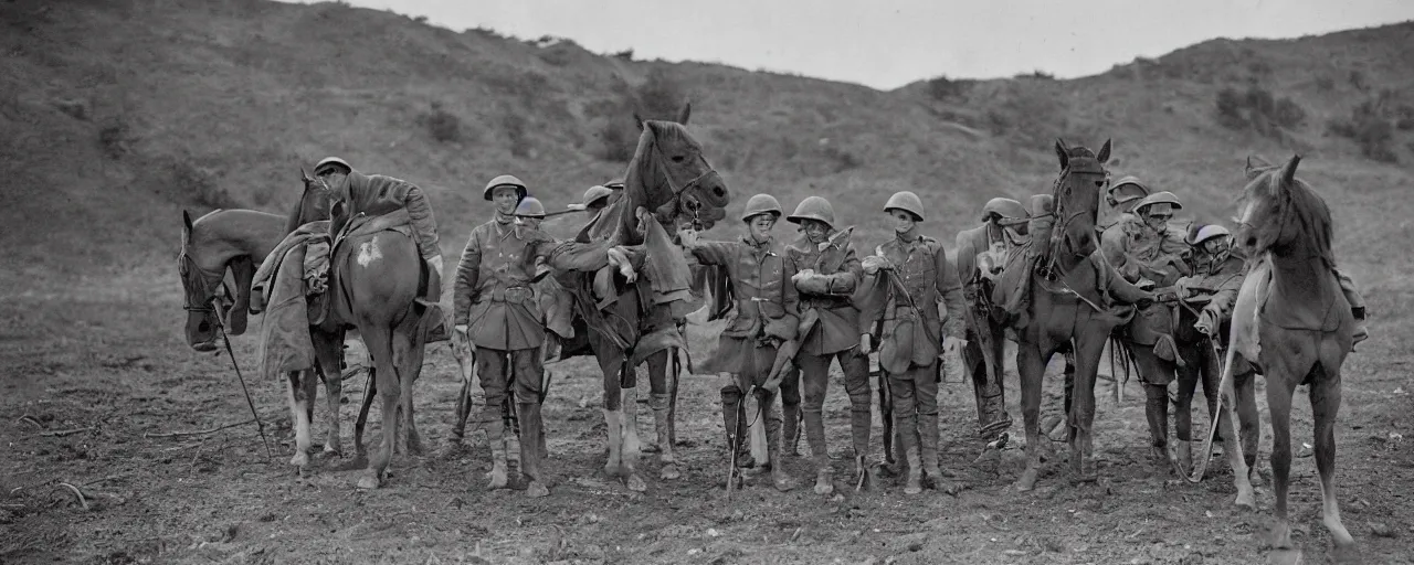 Image similar to soldiers feeding horses spaghetti, world war 1, canon 5 0 mm, kodachrome, in the style of wes anderson, retro