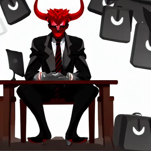 Prompt: dark lord sitting at desk large horns and suit, medium shot, portrait, semi realistic anime, red demon cyberpunk symbols