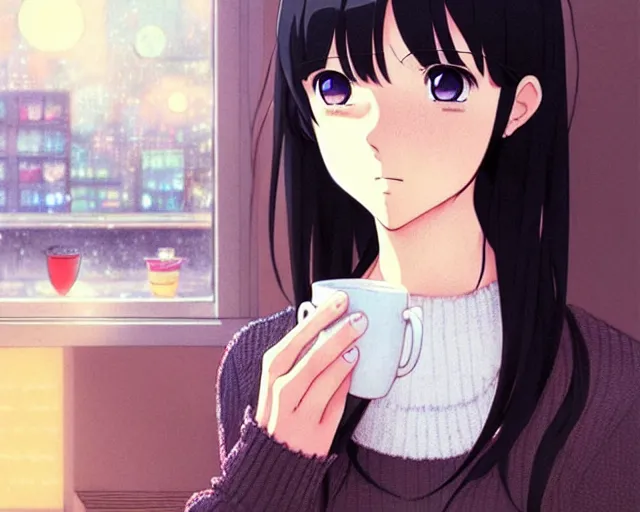 Image similar to beautiful anime girl with black hair and bangs, wearing a white sweater, fine details portrait, alone in a coffee shop, night time, bokeh. anime masterpiece by Studio Ghibli. illustration, sharp high-quality anime illustration in style of Ghibli, Ilya Kuvshinov, Artgerm