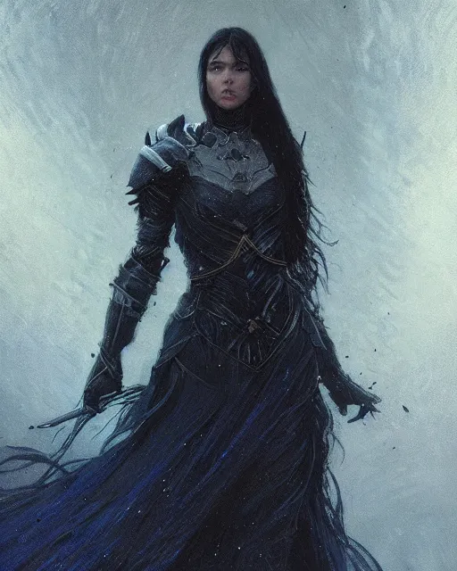 Image similar to a beautiful woman dark hair in an armor with dark eyes, elegant, dark blue, ethereal horror fantasy art by greg rutkowski and magali villeneuve and claude monet