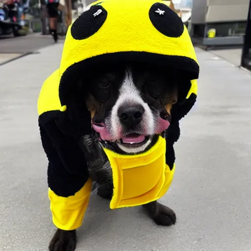 Image similar to dog wearing bannana suit