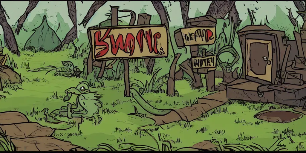 Prompt: a cartoon scene of a swampy area with a sign that says keep out, concept art by Rube Goldberg, deviantart contest winner, underground comix, 2d game art, concept art, playstation 5 screenshot