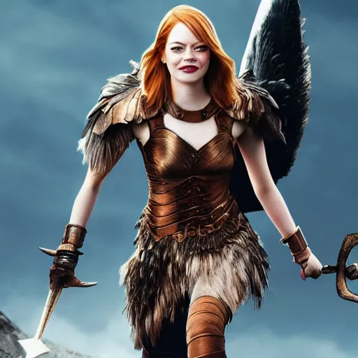 Image similar to full body photo of emma stone as a valkyrie warrior