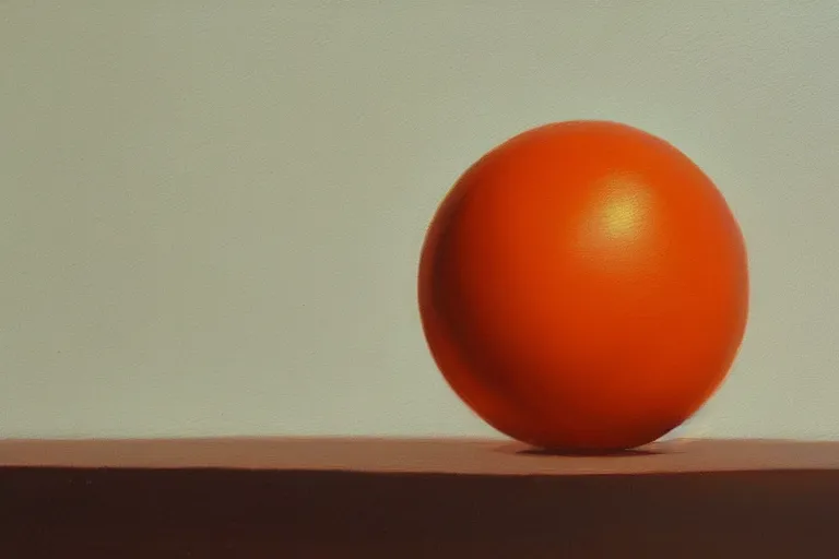 Prompt: An oil painting of an orange sphere on top of a blue cube sitting on a white table, dramatic lighting, hyper-realistic, extremely high detail, artstation