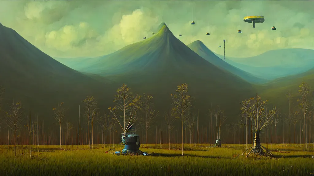 Image similar to Nuclear Nature harmony; by Oswaldo Moncayo; by Simon Stålenhag, oil on canvas; Location: Quito Ecuador