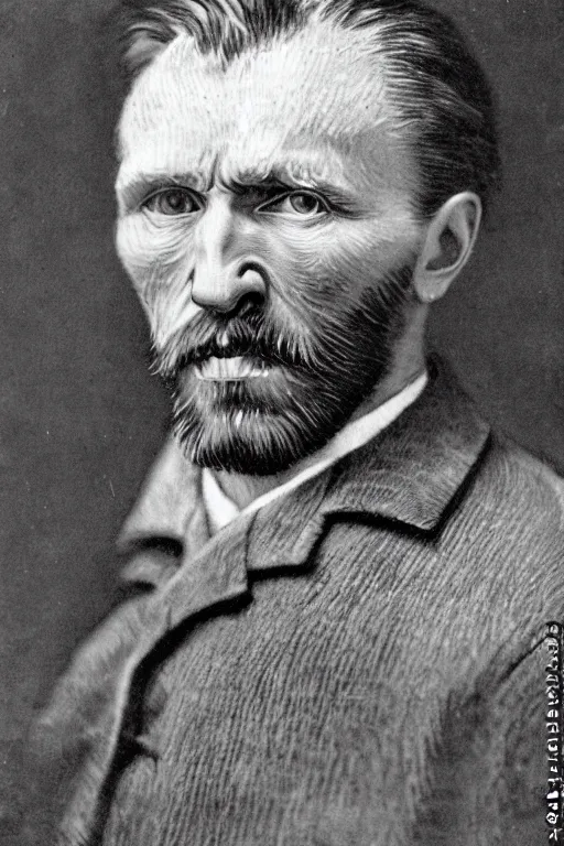 Prompt: a monochrome daguerrotype realistic, supersharp portrait of vincent van gogh, shallow depth of field