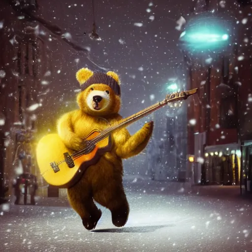 Prompt: smiling brown bear playing yellow triangular Gibson Flying-V electroguitar in hat in winter at streets of Moscow, sharp focus, fantasy style, octane render, volumetric lighting, 8k high definition, by greg rutkowski, highly detailed, trending on art Station