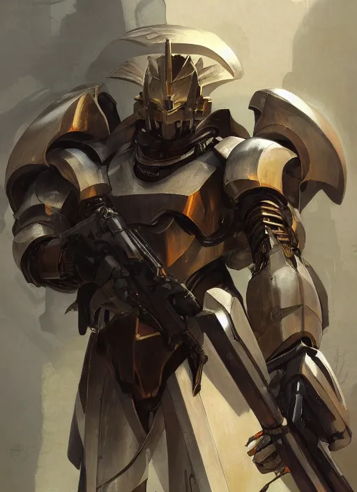 Image similar to medium-length portrait of a male paladin with short curly hair and a dark beard, dark brown skin, happy expression, wears a suit of power armor, gundam, medieval setting, highly detailed, digital painting, artstation, concept art, sharp focus, illustration, art by greg rutkowski and alphonse mucha