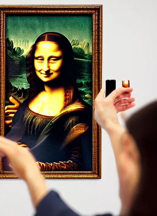 Image similar to framed oil painting of Mona Lisa holding up an iPhone to take a selfie by Leonardo Da Vinci