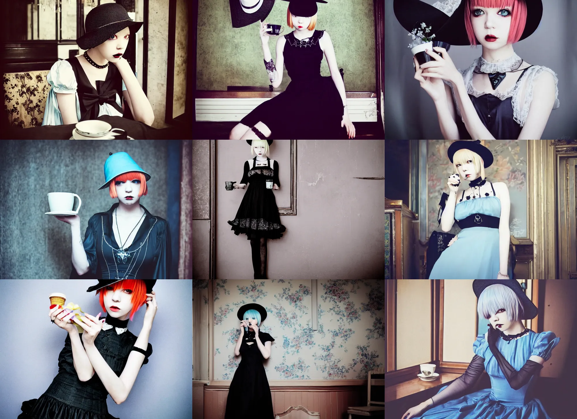 Prompt: lomography, full body portrait photo of reol wearing a elegant gothic dress, open top, wearing a chocker and cute hat, drinking tea in a large open victorian cafe interior, moody, realistic, dark, skin tinted a warm tone, light blue filter, hdr, rounded eye, detailed facial features