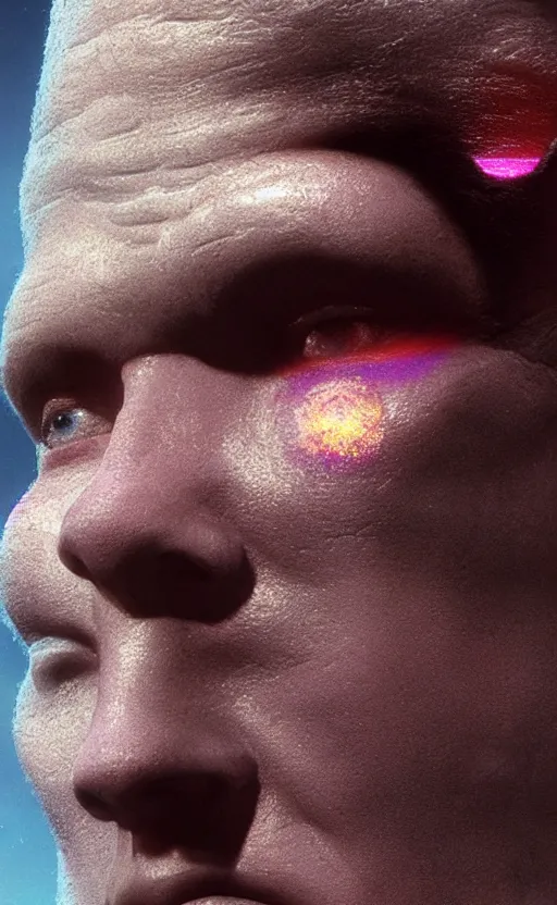 Image similar to extremely detailed cinematic movie still 3 0 7 7 portrait shot of a god of rainbow 2 5 years old white man hyperreal skin face at the mountain top by denis villeneuve, wayne barlowe, simon birch, marc simonetti, philippe druillet, beeple, bright volumetric sunlight from remote star, rich moody colors, closeup, bokeh