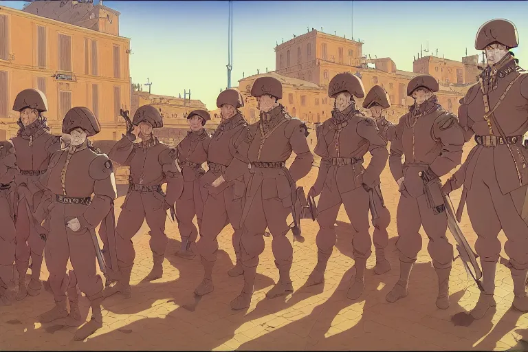 Image similar to cel shaded study of a group of soldiers in a late renaissance city, key visual with intricate linework, in the style of moebius, ayami kojima, 90's anime, retro fantasy