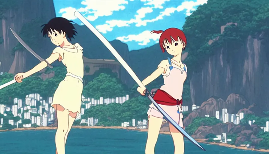 Prompt: 8 k screencap of a girl with a sword on a rio de janeiro anime, by hayao miyazaki, studio ghibli, rio background extremely high quality artwork