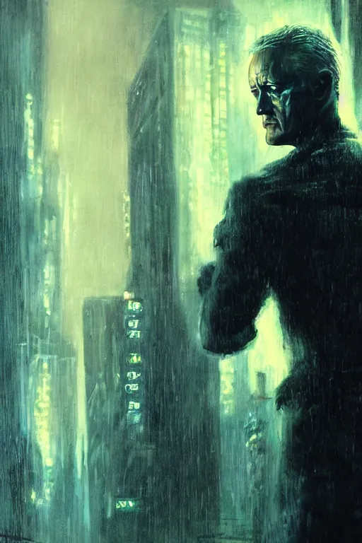 Prompt: a painting of the replicant roy batty realizing the very absurdity of life when all memories will be lost in time like tears in the rain, in the style of blade runner, ridley scott, epic composition, dramatic lighting, octane render