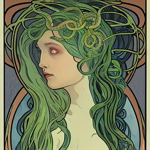Prompt: medusa gorgon snakes for hair posing as a model for an Alphonse Mucha painting, illustration, Art Nouveau
