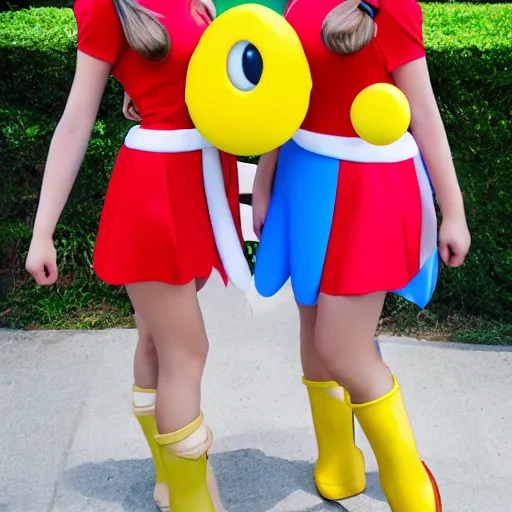 Prompt: two young woman wearing Mario costume 4K