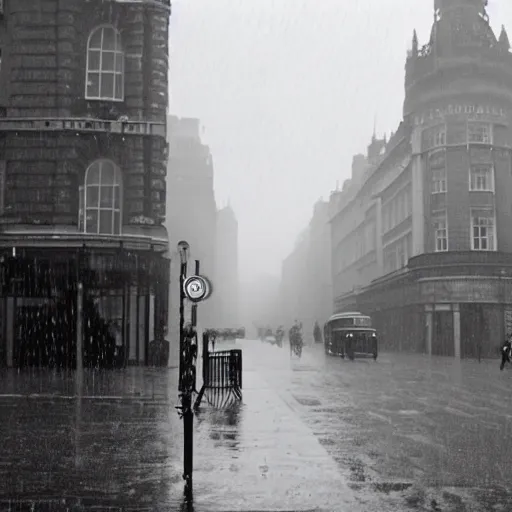 Prompt: A 1950s rainy street scene in London, black & white photograph