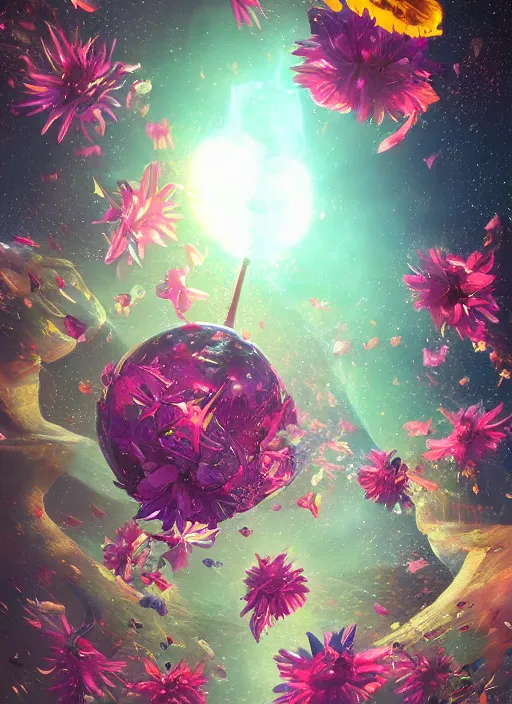 Image similar to An epic fantastic realism comic book style painting of the most beautiful spinning flowers floating into the dark and starry cosmos, exquisite bouquets, fisheye, a star implodes, unreal 5, DAZ, hyperrealistic, octane render, dynamic lighting