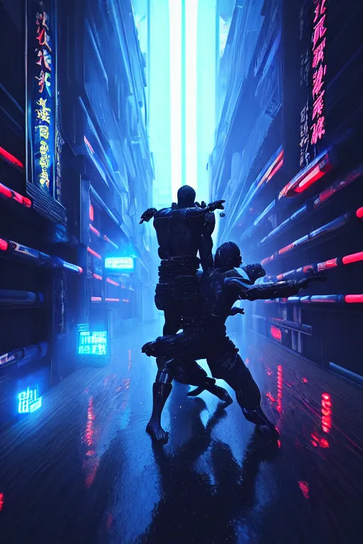 Image similar to high quality 3 d render sci - fi! samurai hybrid fighting, highly detailed, unreal engine cinematic smooth, in the style of blade runner, hannah yata charlie immer, dark blue neon light, low angle, uhd 8 k, sharp focus