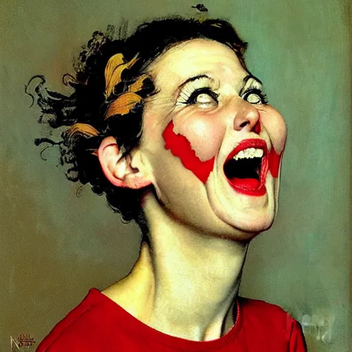 Image similar to Front portrait of a cackling punk woman. A painting by Norman Rockwell.