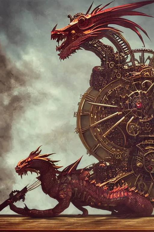 Prompt: illustration, single whole live dragon, old sick gold and crimsoned scaled asian style dragon on a steam punk plank of machinery with wires and gears and steam punk apparatus, matte painting, style of studio ghibli, concept art, featured in artstation and artgerm and pixiv, award winning, cinematic, 8 k