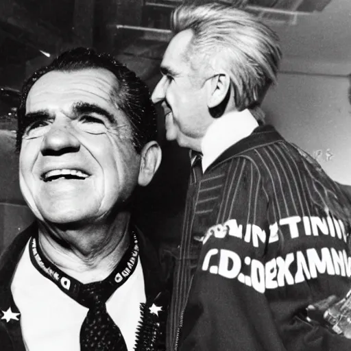 Image similar to photograph of richard nixon as a punk rocker, with a green mohawk and a studded denim jacket