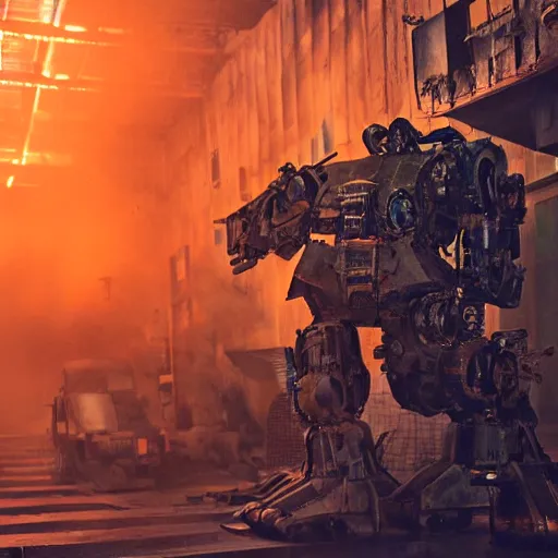 Image similar to mecha made from car parts, dark messy smoke - filled cluttered workshop, dark, dramatic lighting, orange tint, cinematic, highly detailed, sci - fi, futuristic, movie still from blade runner