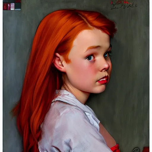 Image similar to A sad redhead girl portrait, center, artwork by Norman Rockwell, cinematic view, high quality