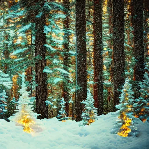 Prompt: snowflake in front of pinetree forrest, realistic, golden hour, hdr lights