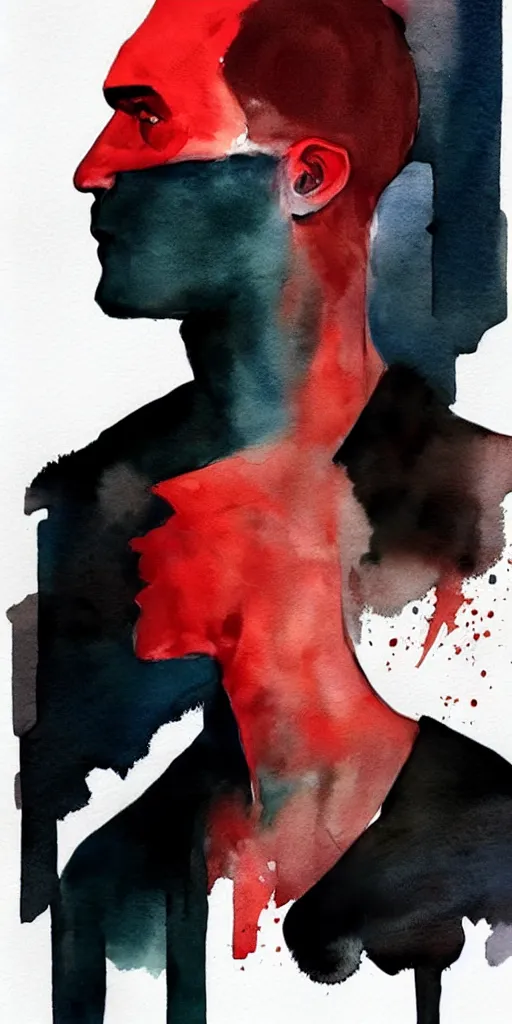 Image similar to closeup of one!!! athletic man posing dramatically with no face, no hair, black background, matte colors, by conrad roset, watercolor painting trending on artstation