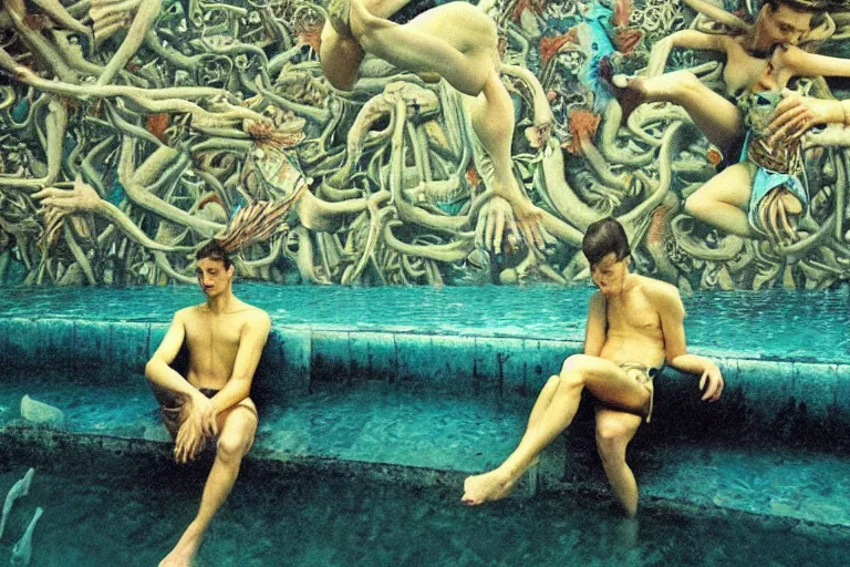 Prompt: 35mm color lomography, last photo, portrait, fashion shoot, weird, random, strange, spooky, hyperdetailed, photorealistic, high fashion, interesting, swimming pool, david cronenberg, by Jacek Yerka ,Mariusz Lewandowski