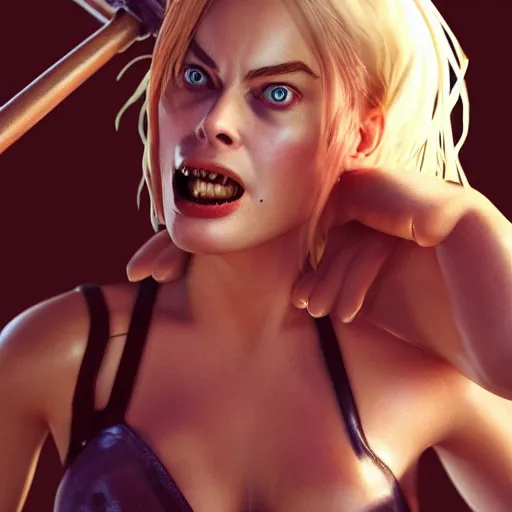 Prompt: margot robbie as tank girl, ultra detailed, concept art, 3 d render, unreal engine 5, ray tracing, fun pose, wild eyes, opened mouth, front and back, big hammer, 4 k