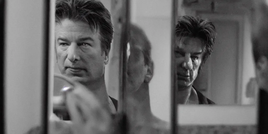 Image similar to ultra wide angle photo of alec baldwin dressed as seth brundle is looking at himself in a bathroom mirror and seeing his reflection as the fly, a mutated insect version of alec baldwin