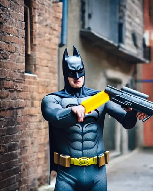 Image similar to happy batman firing super soaker water gun at playful criminals in an alleyway, everyone having fun, product advertisement, photogenic photograph