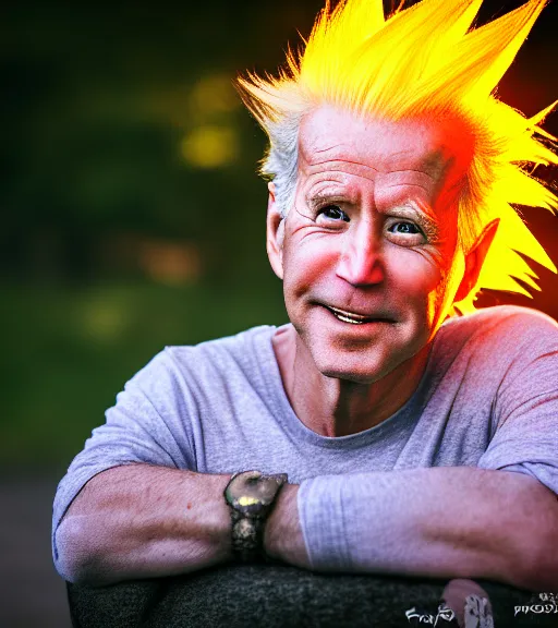 Prompt: award winning 5 5 mm close up portrait color photo of super saiyan biden, in a park by luis royo. soft light. sony a 7 r iv