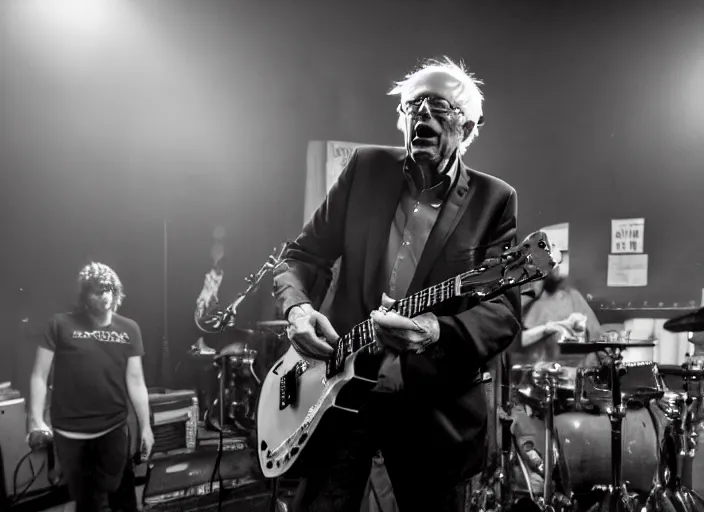 Prompt: publicity photo still of bernie sanders in a punk band playing live on stage, 8 k, live concert lighting, mid shot