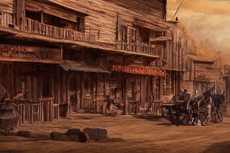 Image similar to concept art, wild west town, cinematic