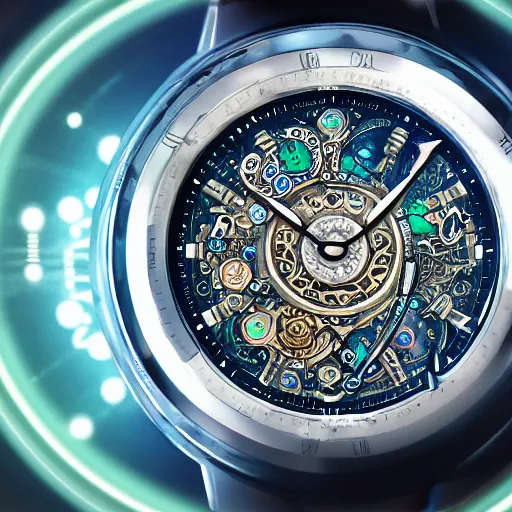 Prompt: detailed illustration of celestial watch from the far future with 3 7 descending dials and multiple glowing watch faces, mother of pearl opal blue eye, year 2 5 0 0, style of norman rockwell
