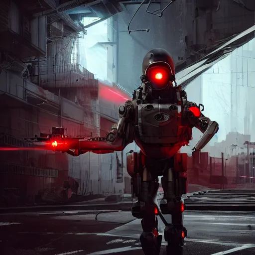 Image similar to panorama military police cyborg on a sci-fi jetbike, wearing bullet-riddled armor, glowing red eyes, wearing brutalist art deco industrial cyberpunk alley, dynamic dramatic dark moody lighting,shadows,cinematic atmosphere,Artstation, hyperrealistic 3D digital art,Octane render,8K 4K UHD image