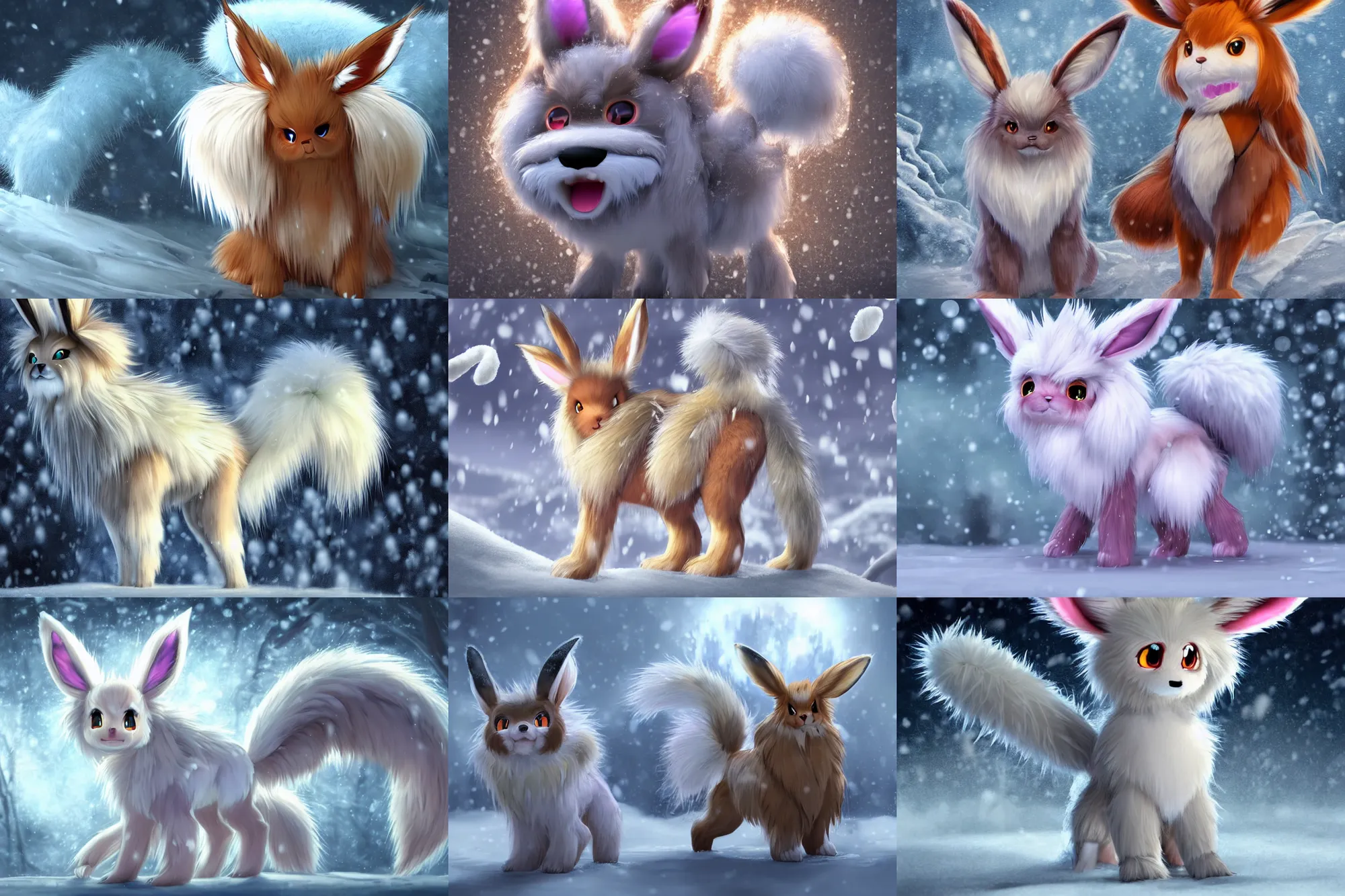 Prompt: fan art rendering of a frosty anthro fuzzy eevee evil comb sitting in snow eevee high resolution anthro eevee humanoid, CGsociety UHD 4K highly detailed, intricate heterochromatic sad, watery eyes with clawed finger in nose eevee anthro standing up two legs two arms poofy synthetic fur tail bloody wet fur frilled bow braided tail looking down bleeding eevee anthro tongue sticking out wearing a sash smiling in winter facing the moon zions national frozen high resolution maid dress humanoid braided furry