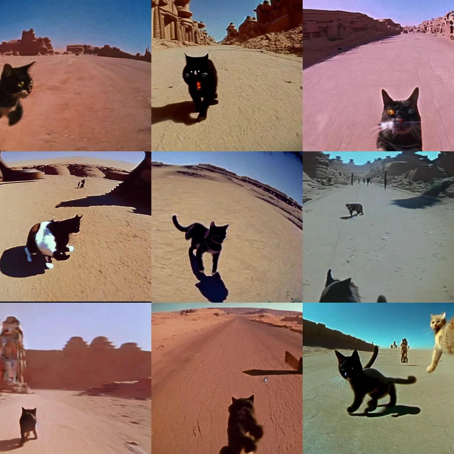 Prompt: gopro pov of a cat walking in the street of tatooine's city, star wars ( 1 9 8 5 )