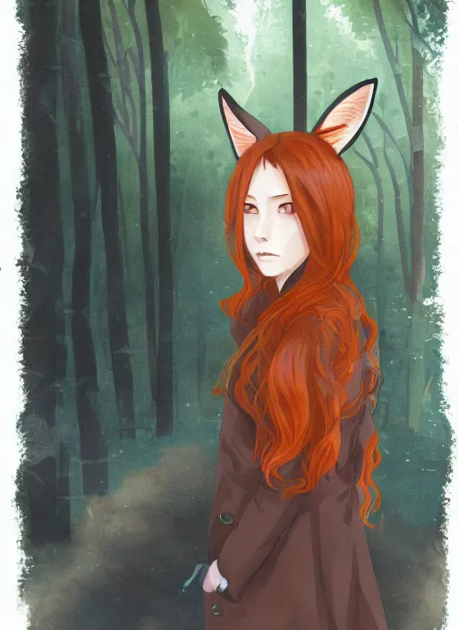 Image similar to illustration by tatsuki fujimoto, girl with fox ears, long wavy orange hair, light brown trenchcoat, forest background, focus on face, pretty, moody lighting, painterly