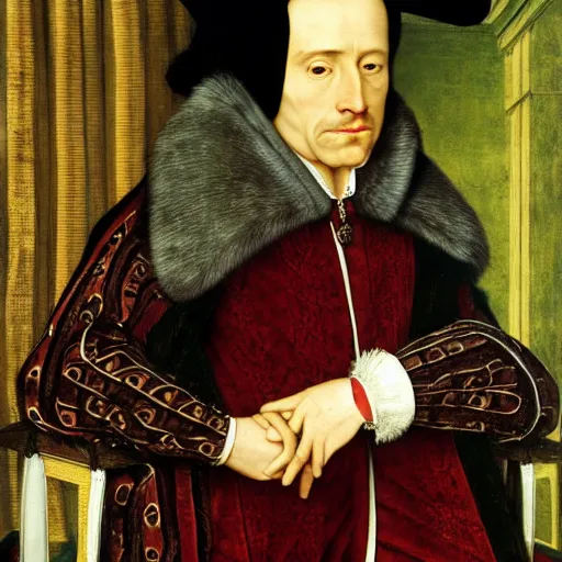 Image similar to a highly detailed portrait of miles edgeworth, wearing elegant tudor clothes, inside a room with thick red tapestries, oil painting by hans holbein and alessandro allori and richard burbage